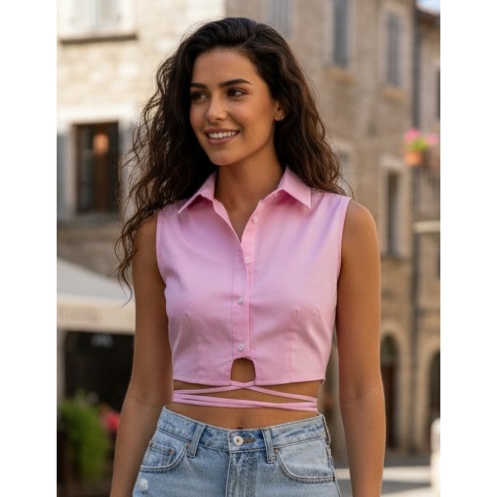 Future Collective Collared Wrap Around Waist Tie Cropped Top Pink Size XL